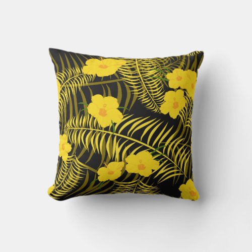 Black Yellow Palm Leaf and Hibiscus Flowers Throw Pillow