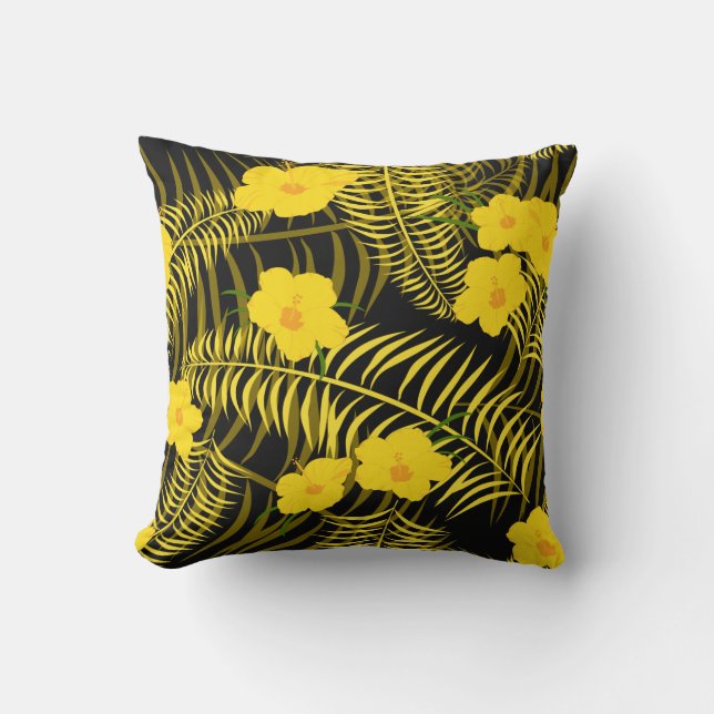 Black Yellow Palm Leaf and Hibiscus Flowers Throw Pillow (Front)