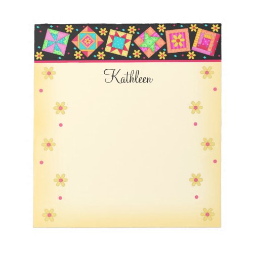 Black Yellow Patchwork Quilt Block Art with Name Notepad