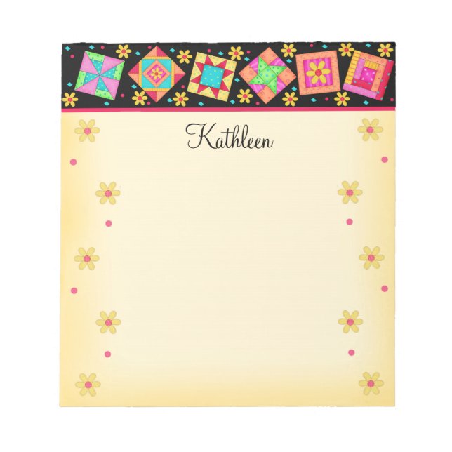 Black Yellow Patchwork Quilt Block Art with Name Notepad (Front)