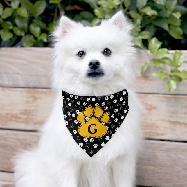 Black Yellow Paws Pattern Dog Monogram Pet Bandana Collar (Dog)