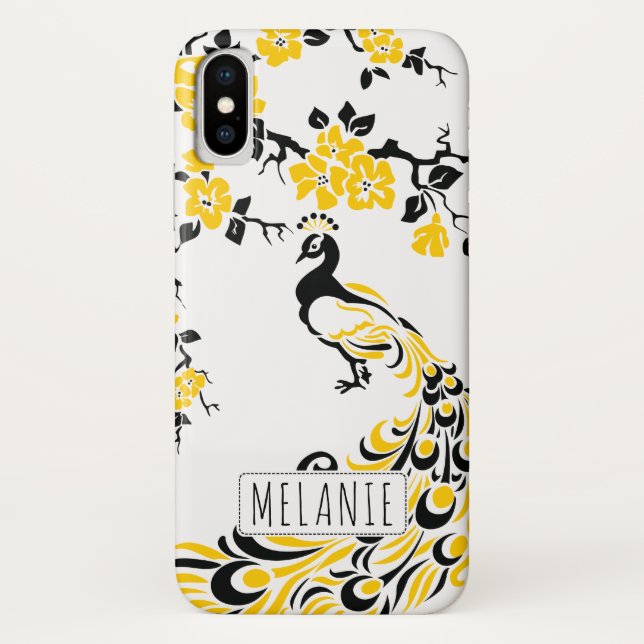 Black yellow peacock & cherry blossoms art nouveau Case-Mate iPhone case (Back)
