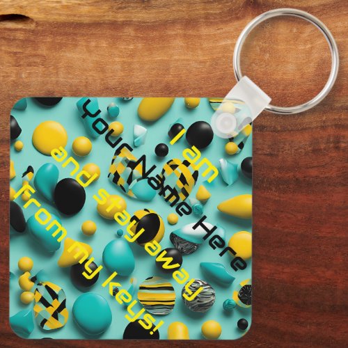 Black  Yellow Pebbles on Teal Design Personalized Keychain