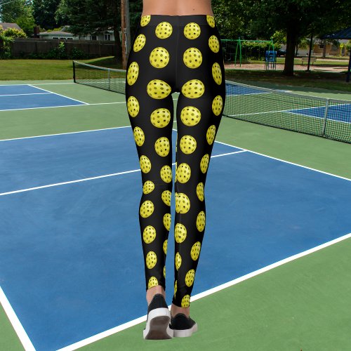 Black Yellow Pickleball Ball Pattern Leggings