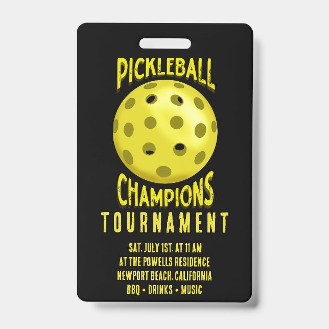 Black Yellow Pickleball Tournament Invitation Badge (Front)