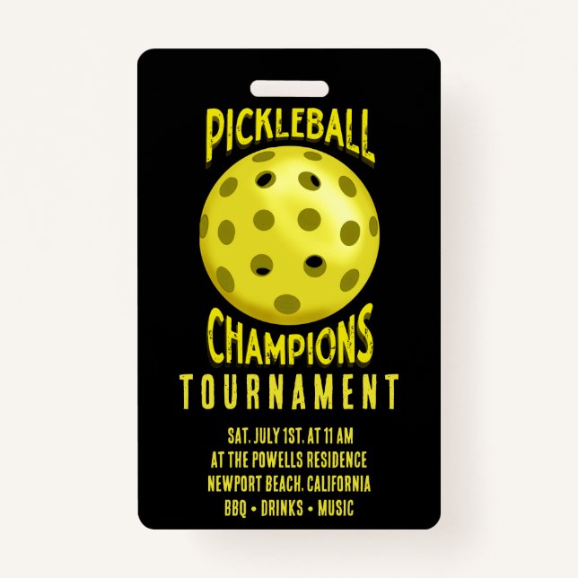 Black Yellow Pickleball Tournament Invitation Badge (Front)