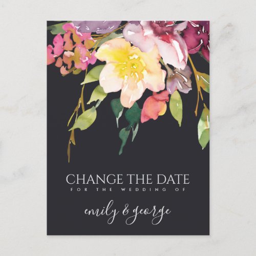 BLACK YELLOW PINK FLORAL WEDDING CHANGE THE DATE ANNOUNCEMENT POSTCARD