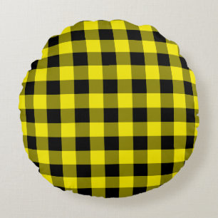 Black & Yellow Plaid Checked Round Pillow