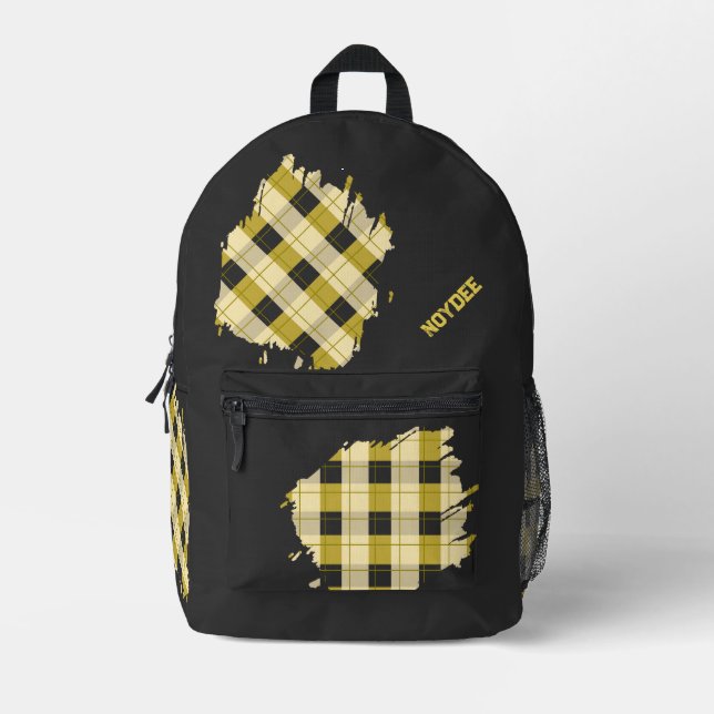 Black, Yellow Plaid Patches, Name  Printed Backpack (Front)