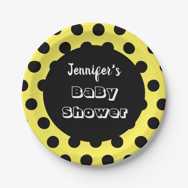 Black & Yellow Polka Dot Custom Baby Shower Paper Plates (Front)