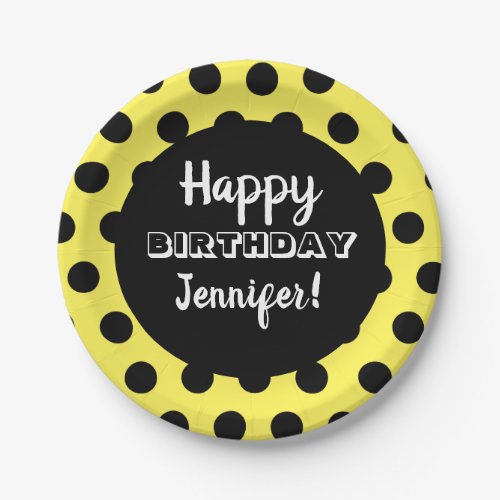Black  Yellow Polka Dot Custom Birthday Paper Plates