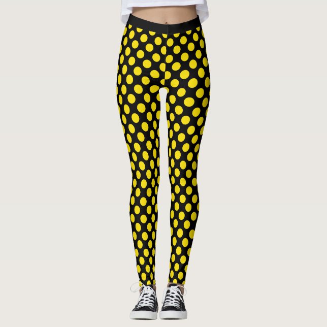 Black Yellow Polka Dots Leggings (Front)
