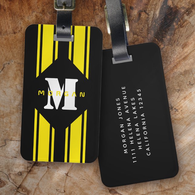 Black Yellow Racing Stripes Monogram Luggage Tag (Creator Uploaded)