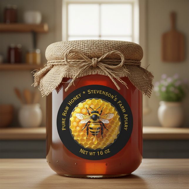Black & Yellow Realistic Honey Bee Honeycomb Jar Classic Round Sticker (Creator Uploaded)