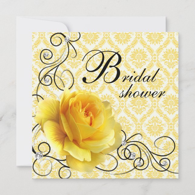 Black Yellow Rose Damask Bridal Shower Invitations (Front)