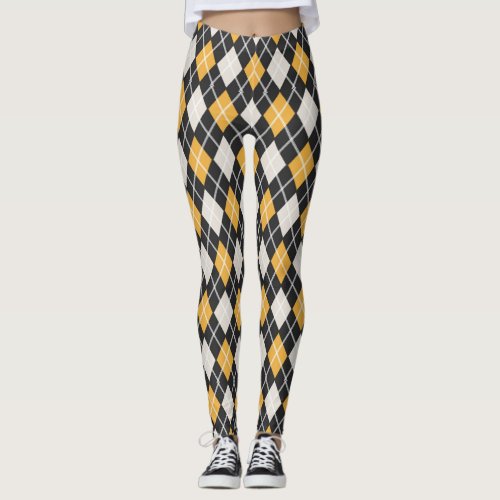 Black  yellow Seamless Argyle Pattern Leggings