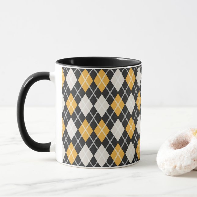 Black & yellow Seamless Argyle Pattern  Mug (With Donut)