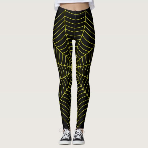 Black yellow spider web Halloween pattern Leggings