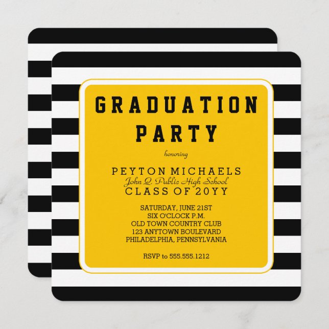 Black | Yellow Sporty Striped Graduation Party Invitation (Front/Back)