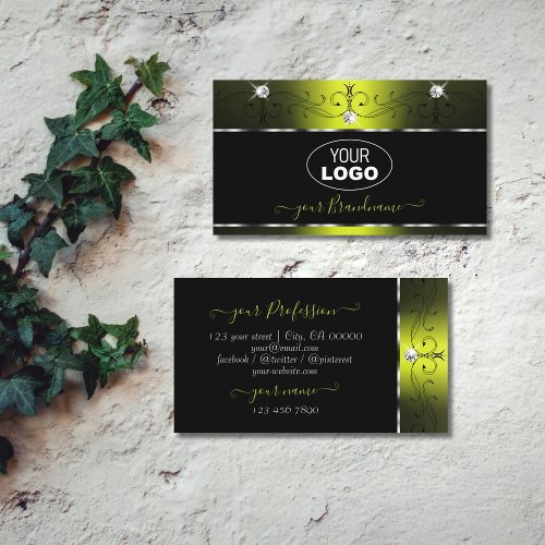 Black Yellow Squiggles Sparkling Diamonds Add Logo Business Card