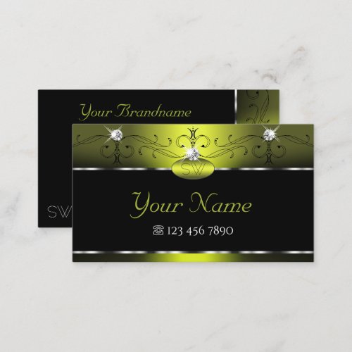 Black Yellow Squiggles Sparkling Diamonds Monogram Business Card