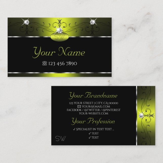 Black Yellow Squiggles Sparkling Diamonds Monogram Business Card (Front/Back)