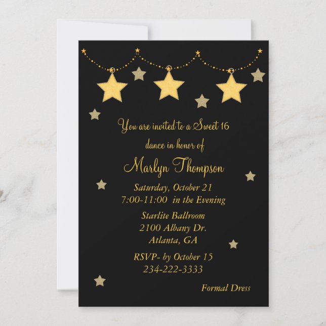 Black & Yellow Star Lights Sweet 16 Invitation (Front)
