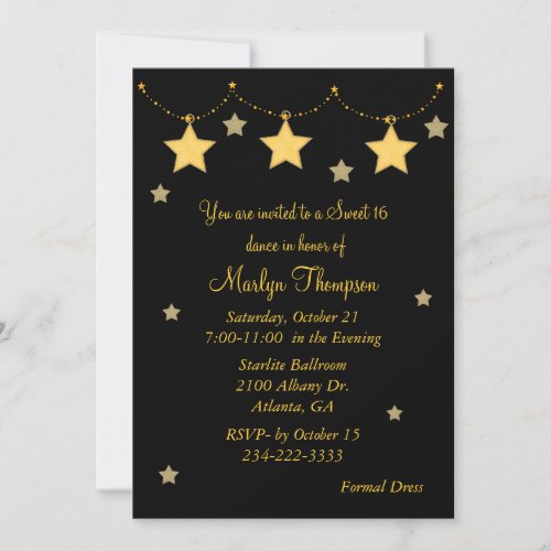 Black &amp; Yellow Star Lights Sweet 16 Invitation