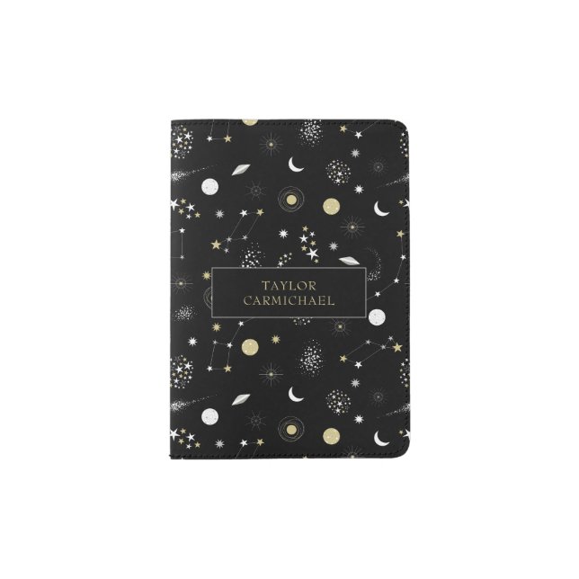 Black Yellow Stars Galaxies Space Pattern Passport Holder (Front)