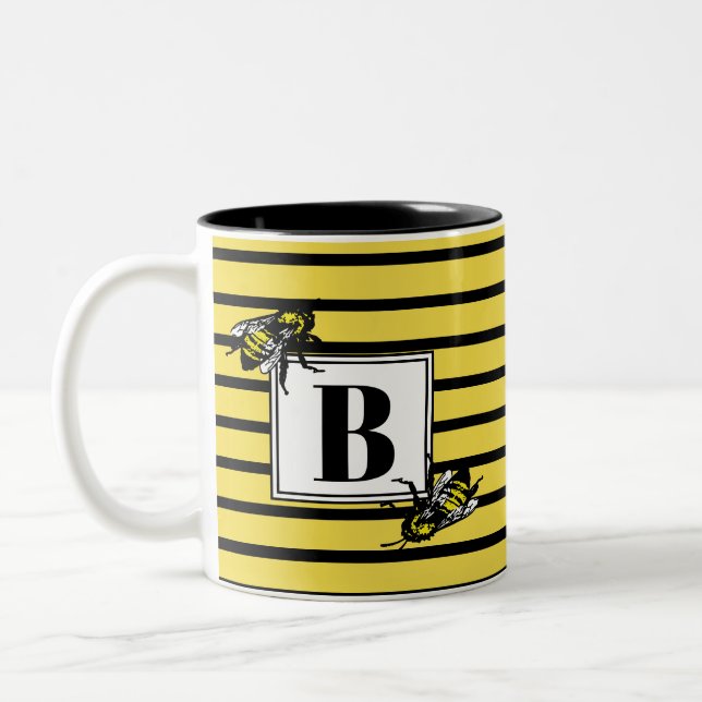 Black & Yellow Stripe Honey Bee | Monogram Two-Tone Coffee Mug (Left)