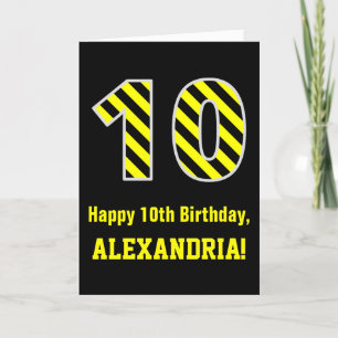 Black & Yellow Striped "10"; 10th Birthday + Name Card