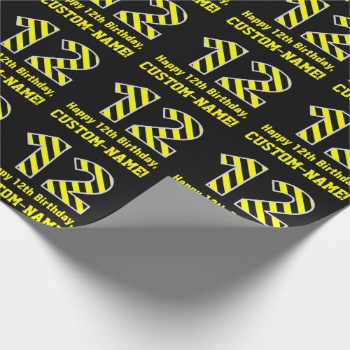 Black  Yellow Striped 12 12th Birthday  Name Wrapping Paper