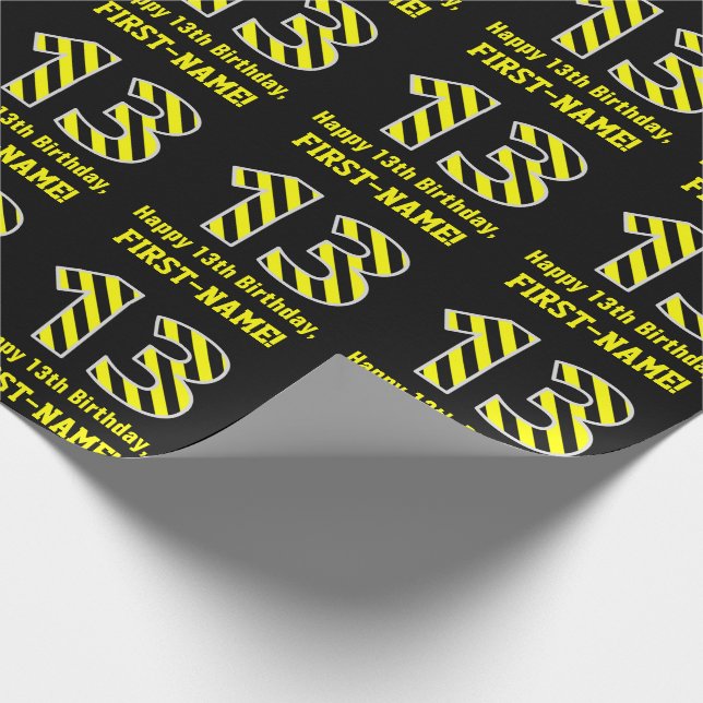 Black & Yellow Striped "13"; 13th Birthday + Name Wrapping Paper (Corner)
