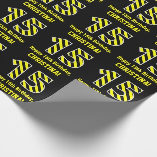 Black  Yellow Striped 15 15th Birthday  Name Wrapping Paper