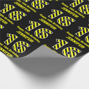 Black & Yellow Striped "16"; 16th Birthday + Name Wrapping Paper
