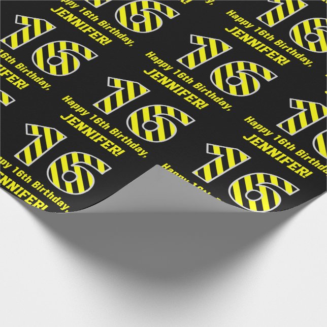 Black & Yellow Striped "16"; 16th Birthday + Name Wrapping Paper (Corner)
