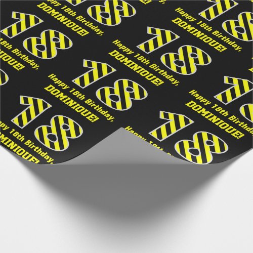 Black  Yellow Striped 18 18th Birthday  Name Wrapping Paper