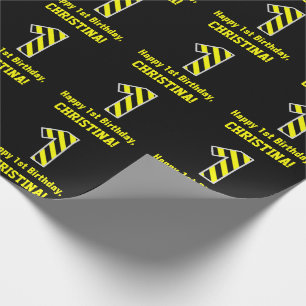 Black & Yellow Striped "1"; 1st Birthday + Name Wrapping Paper
