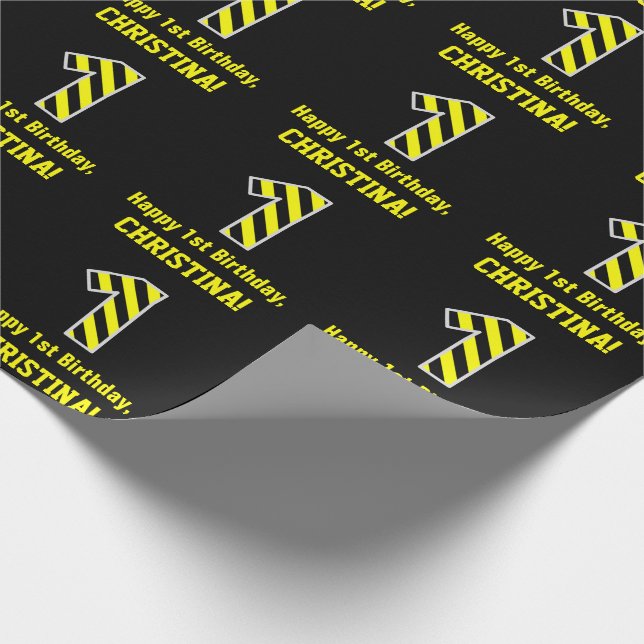 Black & Yellow Striped "1"; 1st Birthday + Name Wrapping Paper (Corner)