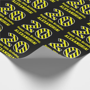 Black & Yellow Striped "20"; 20th Birthday + Name Wrapping Paper