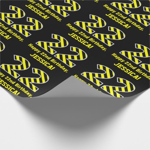 Black  Yellow Striped 22 22nd Birthday  Name Wrapping Paper