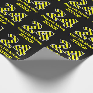 Black & Yellow Striped "24"; 24th Birthday + Name Wrapping Paper