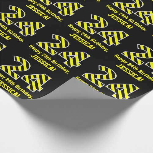 Black  Yellow Striped 24 24th Birthday  Name Wrapping Paper