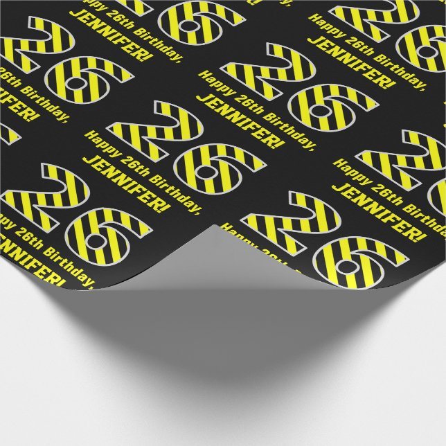 Black & Yellow Striped "26"; 26th Birthday + Name Wrapping Paper (Corner)