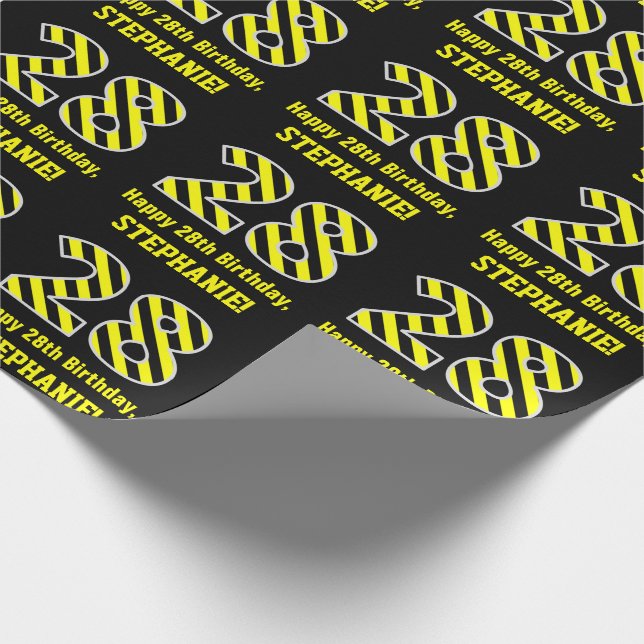 Black & Yellow Striped "28"; 28th Birthday + Name Wrapping Paper (Corner)