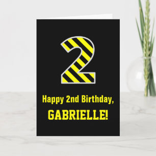 Black & Yellow Striped "2"; 2nd Birthday + Name Card