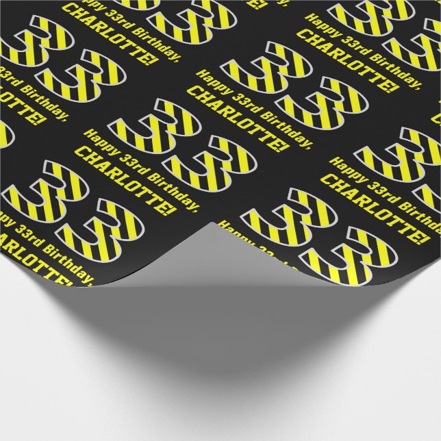 Black & Yellow Striped "33"; 33rd Birthday + Name Wrapping Paper (Corner)