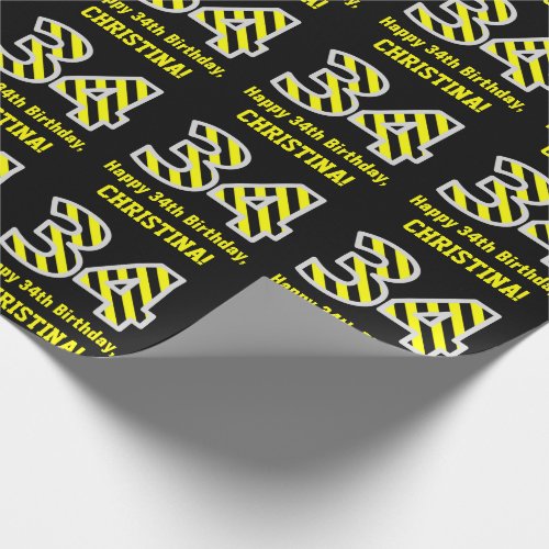 Black  Yellow Striped 34 34th Birthday  Name Wrapping Paper