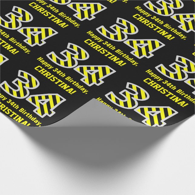 Black & Yellow Striped "34"; 34th Birthday + Name Wrapping Paper (Corner)