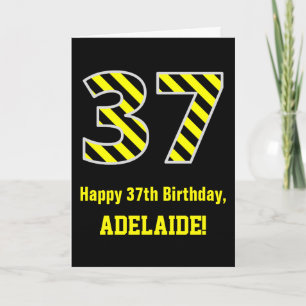 Black & Yellow Striped "37"; 37th Birthday + Name Card